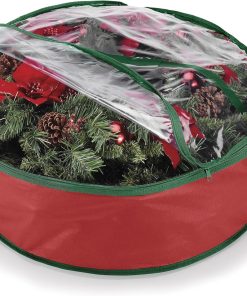 Whitmor Red Wreath and Garland Storage Bag – Fits up to 30 Wreath. Tear-Resistant PE Material with Clear Top. Reinforced Handles & Zipper for Artificial Wreath. Garland and Holiday Decor Organization